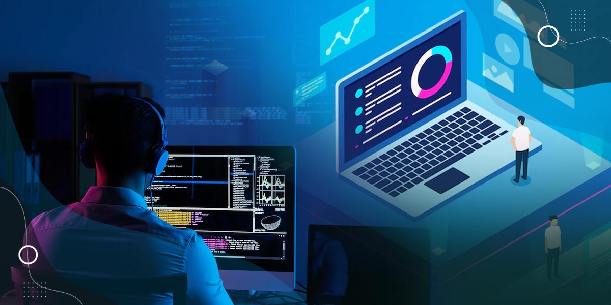 developer okružen lap topovima - ilustracija za blog "popularni alati za poboljšanje produktivnosti developera"