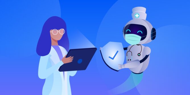 ilustracija za blog "popularni alati za automatsko testiranje web aplikacija": devojka u belom drži lap top iz koga izlazi duh sa maskom