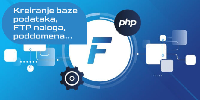 ikonica za FastPanel i natpis: kreiranje baze podataka, FTP naloga, poddomena i upravljanje fajlovima