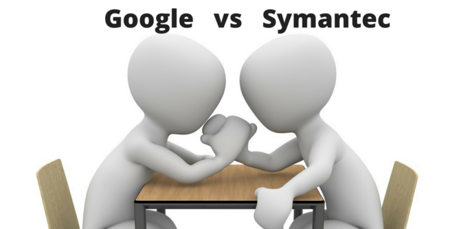 liustracija dva bela čovečuljka koji obaraju ruke a iznad piše Google vs. Symantec