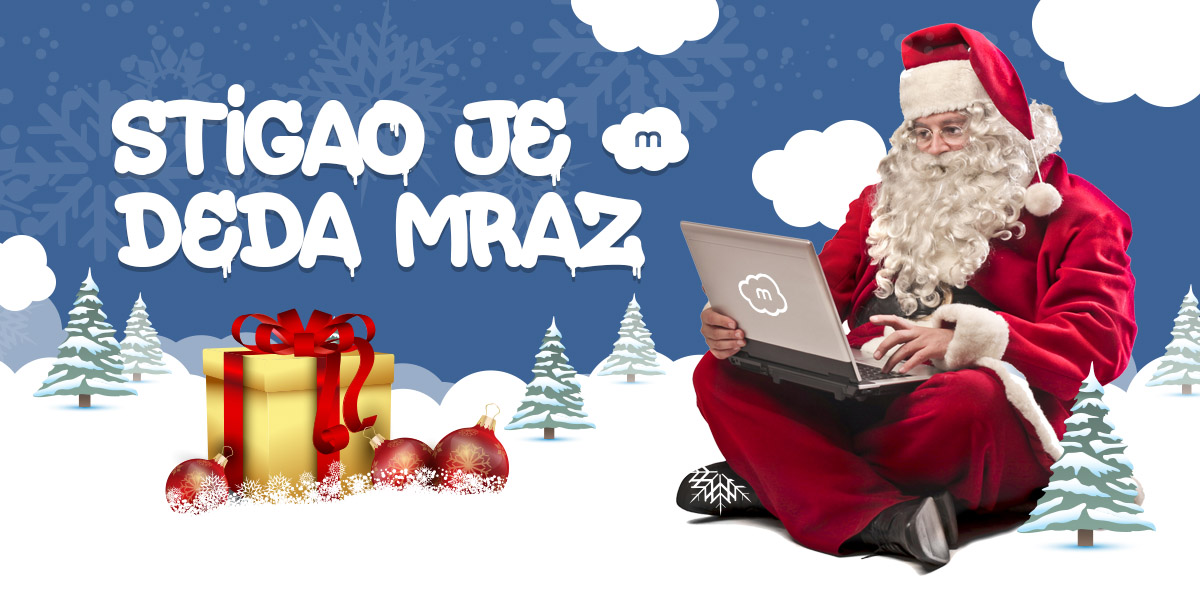 deda mraz na snegu pored poklona - ilustracija za poklon koji mCloud dodeljuje korisnicima uz cloud hosting