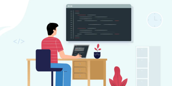 programer sedi za stolom i na lap topu radi koristeći napredne git komande za efikasniji rad, što se vidi na velikom monitoru na zidu