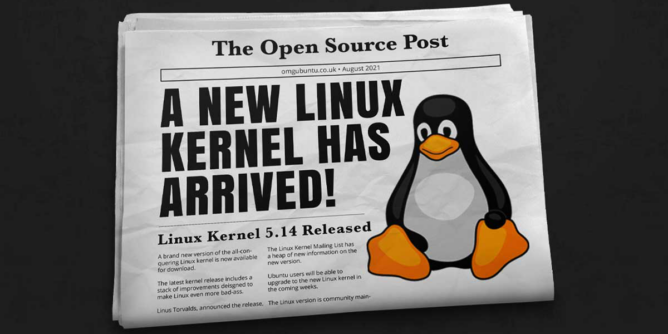ilustracija novina i naslov iz koga se vidi da je stigao novi Linux Kernel 5.14.
