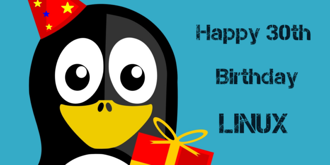 pingvin i natpis "happy 30th birthday Linux" povodom 30 godina Linuxa