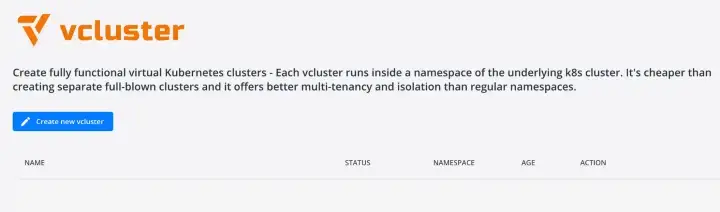 dashboard za kreiranje virtuelnog klastera.